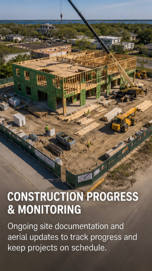 A construction site with a partially built two-story wooden frame building, surrounded by construction vehicles and workers, with a crane lifting materials. The site is enclosed by a fence, with residential neighborhood and a body of water in the background.