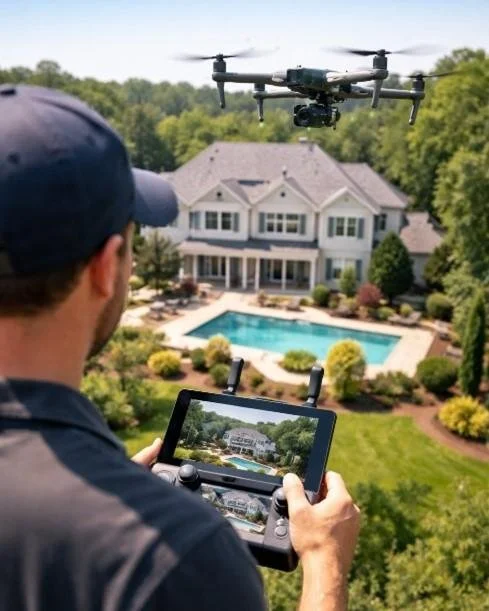 A man operating a drone with a controller, flying above a large house with a backyard swimming pool.