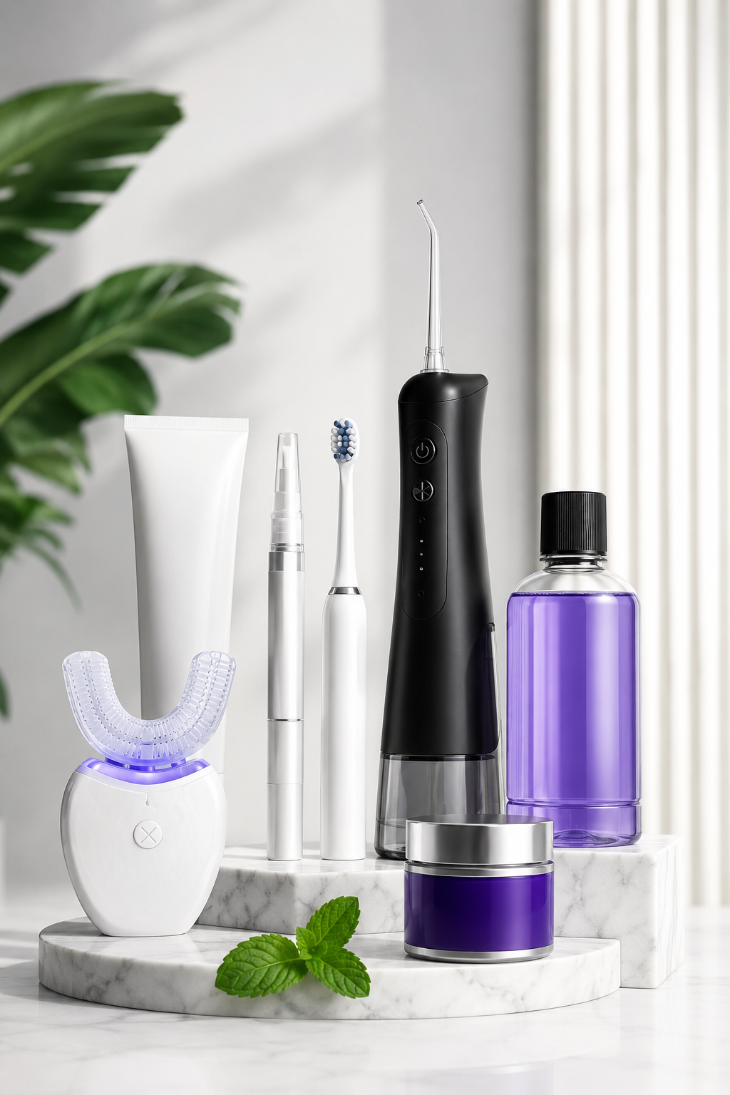 An array of dental care products on a white marble surface, including a sonic toothbrush, a water flosser, a mouth rinse bottle, a jar, and an electric toothbrush, with green mint leaves in the foreground and a plant in the background.