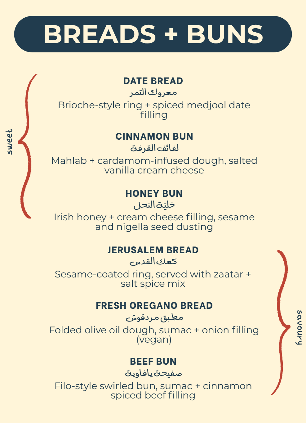 Menu featuring various bread and bun options, including date bread, cinnamon bun, honey bun, Jerusalem bread, fresh oregano bread, and beef bun, with descriptions of ingredients and styles.