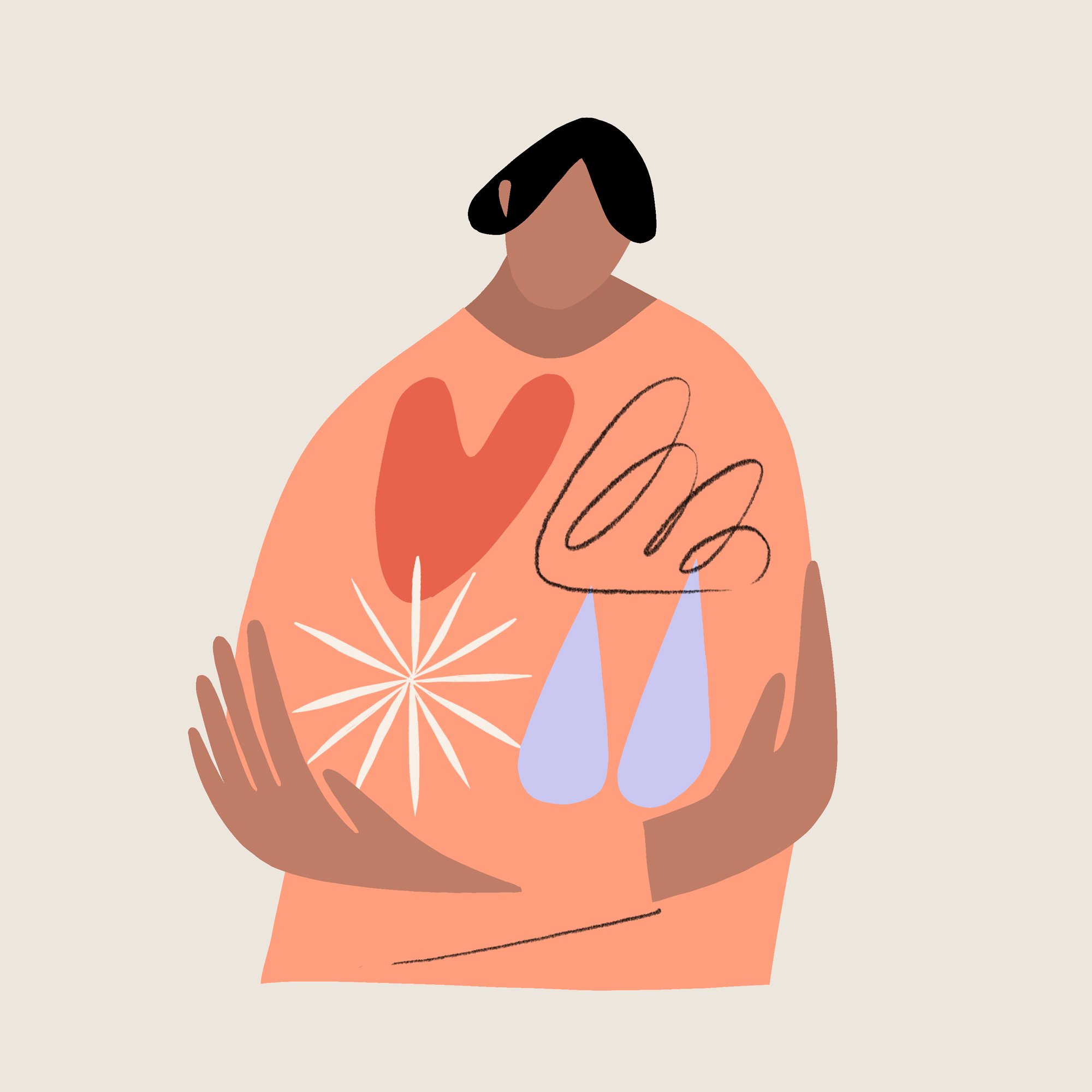 Digital illustration of a person with dark hair wearing an orange top, holding a drawn flower and a mug, with a minimalist design and a neutral background.