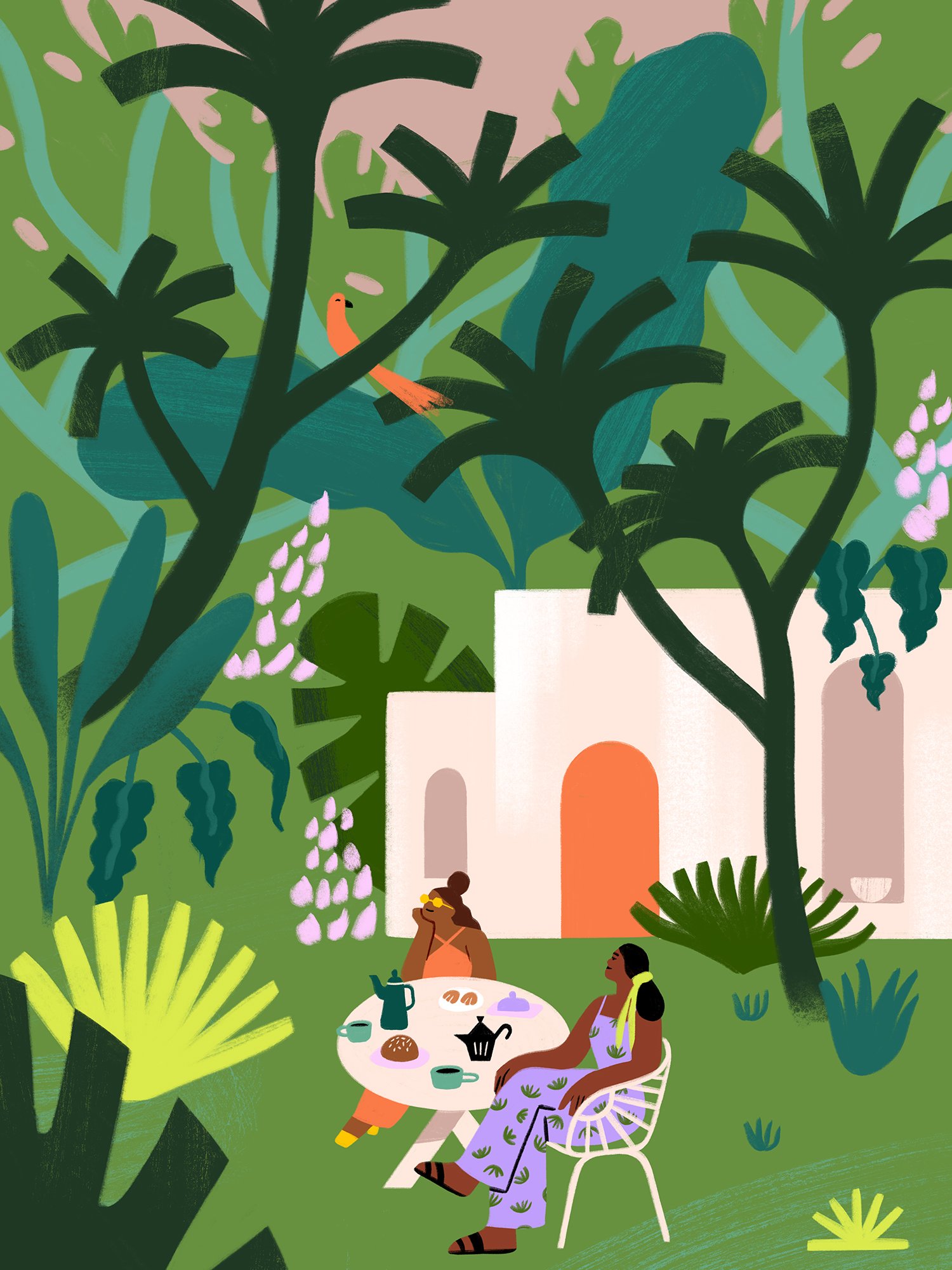 Two women sitting at a white outdoor dining table in a lush green garden, having breakfast with tea and pastries, surrounded by large leaves and colorful plants.