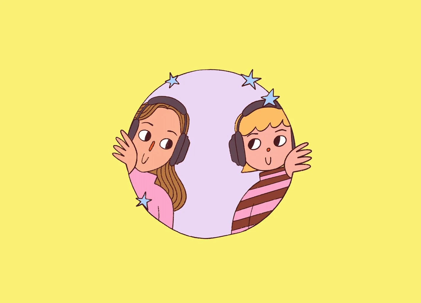 Illustration of two children with headphones, one girl with long brown hair and one boy with short blond hair, both wearing star-shaped headbands, against a yellow background.