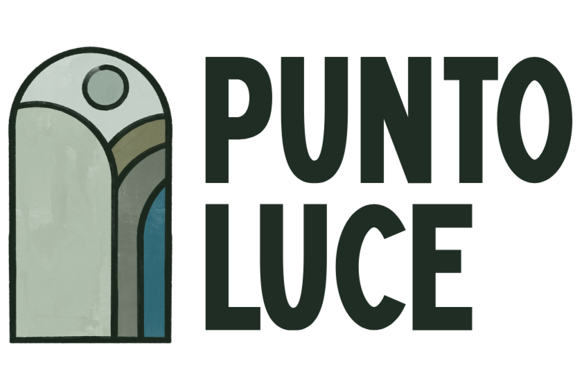 Logo with a stylized stained glass window and the words 'Punto Luce'