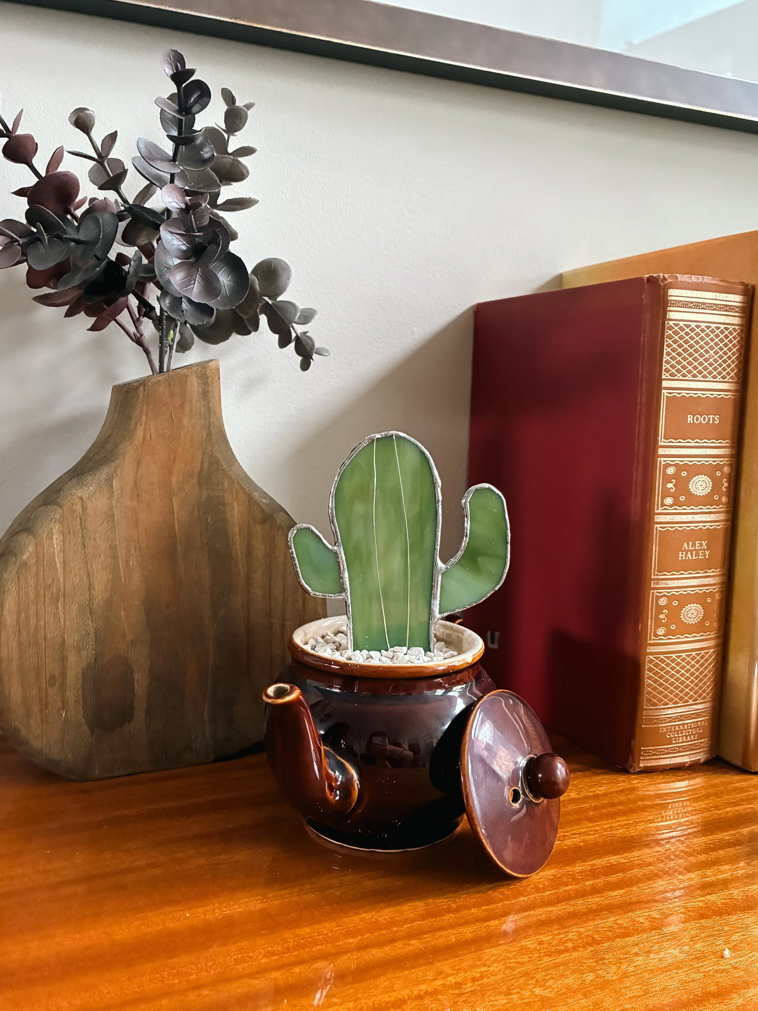 Stained Glass Cactus in Upcycled Teapot