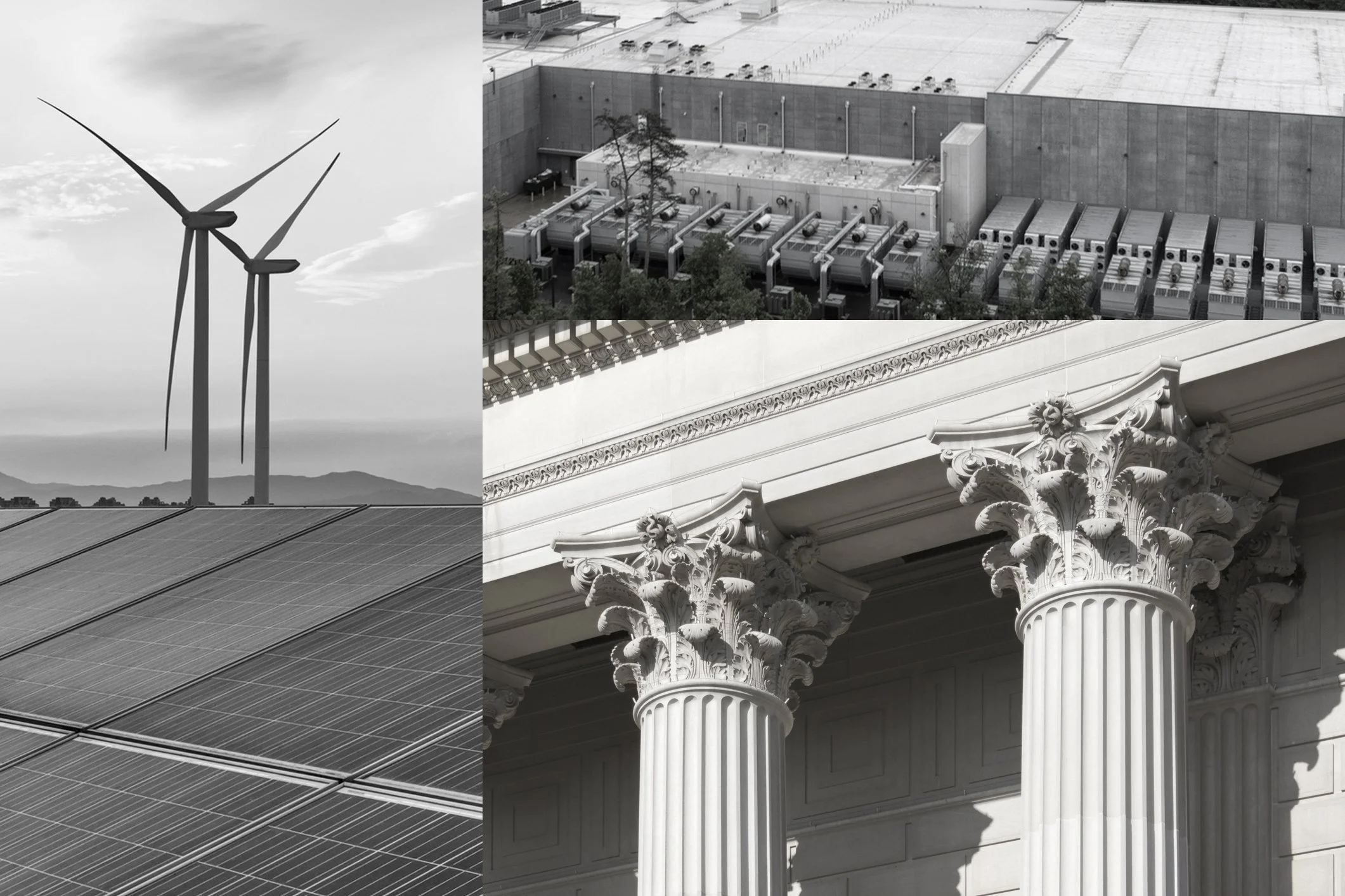 Collage of three images, including wind turbines, a building with solar panels on the roof, and a detailed view of classical architectural columns and decor.