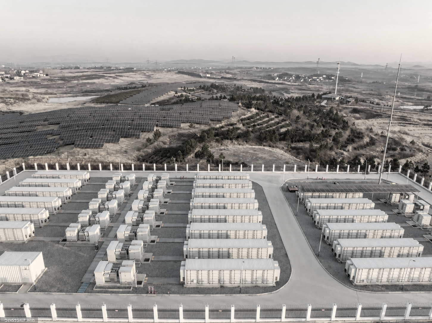 A bird's eye view of a solar farm with multiple buildings and solar panels, surrounded by a white fence and adjacent to a landscape with numerous trees and more solar panels on hills in the distance.