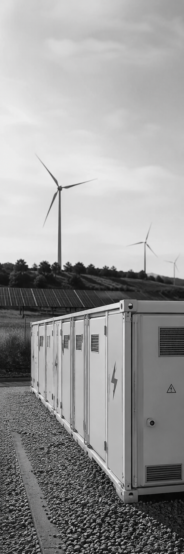 Black and white photo of three wind turbines on a hill and solar panels in the foreground, with a cloudy sky.
