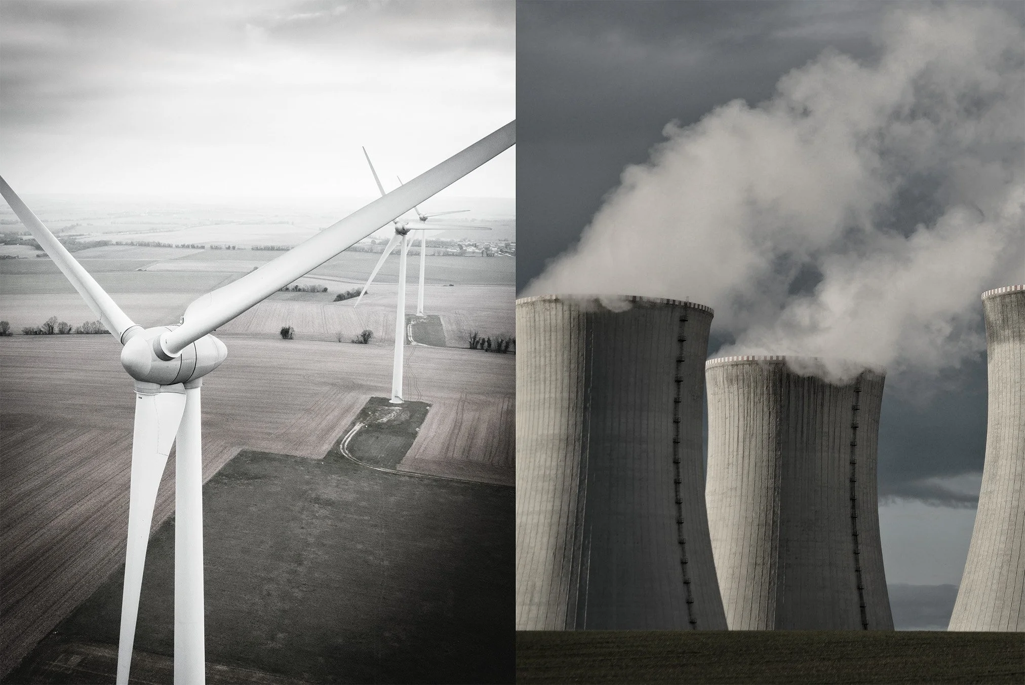 A side-by-side comparison of two images: the left image shows a transparent, black and white aerial view of wind turbines and open farmland, and the right image shows a color close-up of cooling towers emitting thick white steam under a cloudy sky.