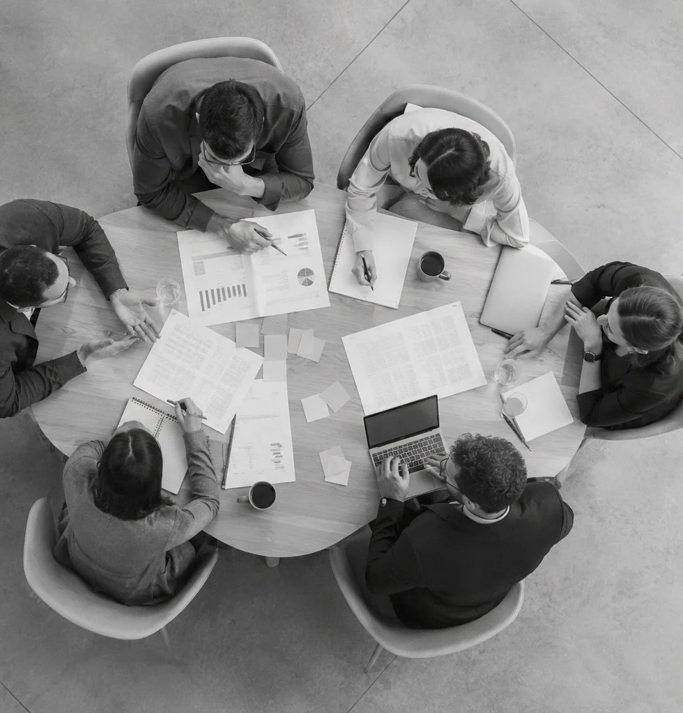 Six people sitting around a round table engaged in a business meeting, with documents, charts, a laptop, and coffee cups on the table.