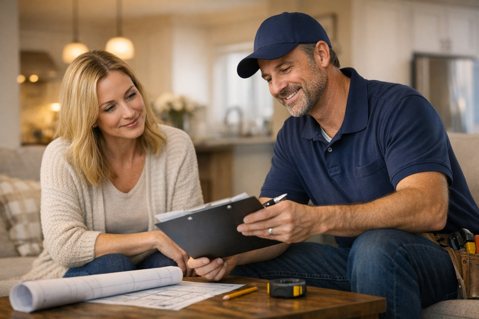 A man and woman sit together on a couch, reviewing documents with a clipboard, in a cozy, well-lit living room.