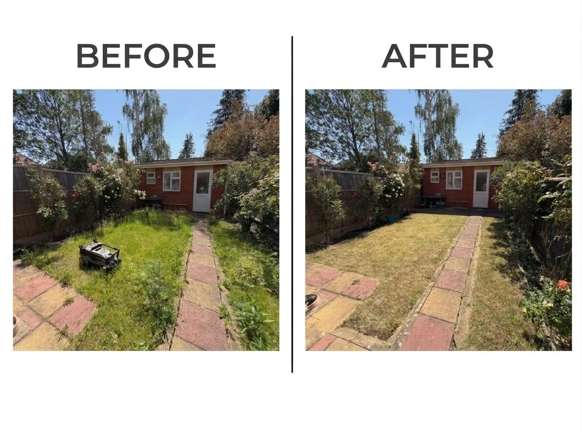 Before and after comparison of a long back garden showing overgrown grass and weeds mowed down to a neat, level lawn leading to a brick garden shed.
