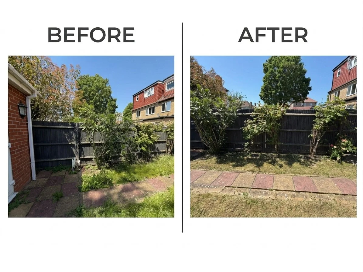 Before and after comparison of a garden path showing overgrown grass along red patio slabs trimmed back for a clean, accessible walkway.