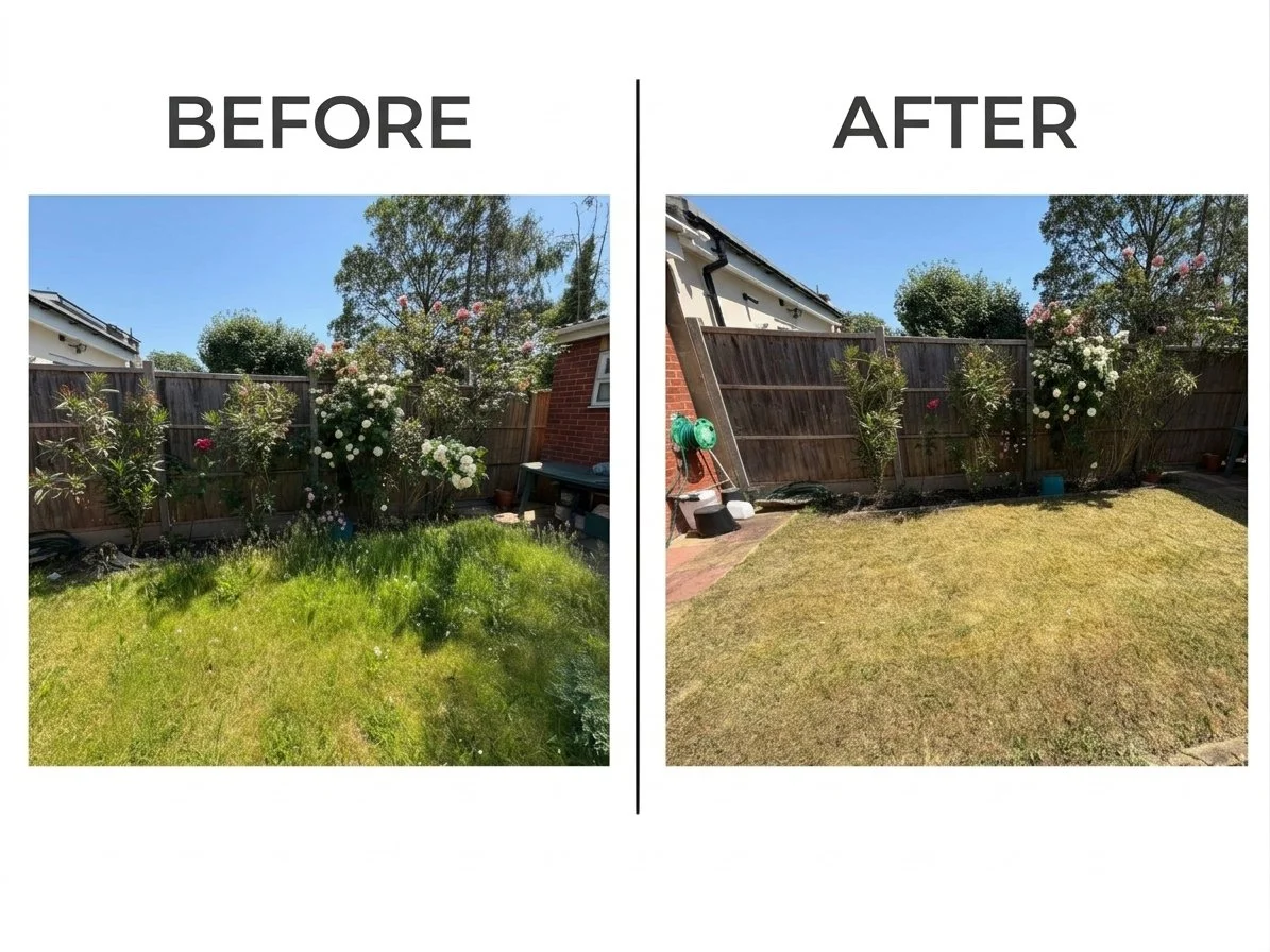 Before and after comparison of a garden fence line showing tall overgrown weeds cleared away to reveal a clean soil border beneath flowering bushes.