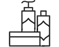 Line drawing of various bottles on a shelf, including a pump bottle and rectangular containers.