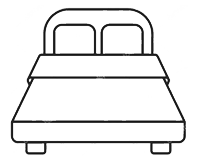 Line drawing of a bed with two pillows and a headboard.