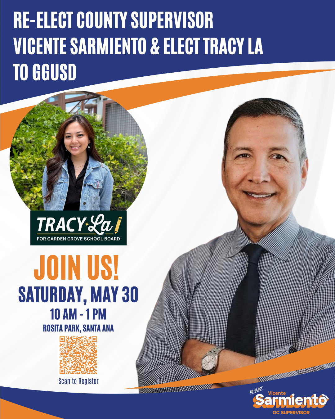 Political campaign flyer for Vicenta Sarmiento and Tracy La running for Garden Grove school board, featuring a smiling man in a dress shirt and tie, a woman with long dark hair in a denim jacket, event details for Saturday, May 30 from 10 am to 1 pm at Rosita Park, Santa Ana, with a QR code to register.