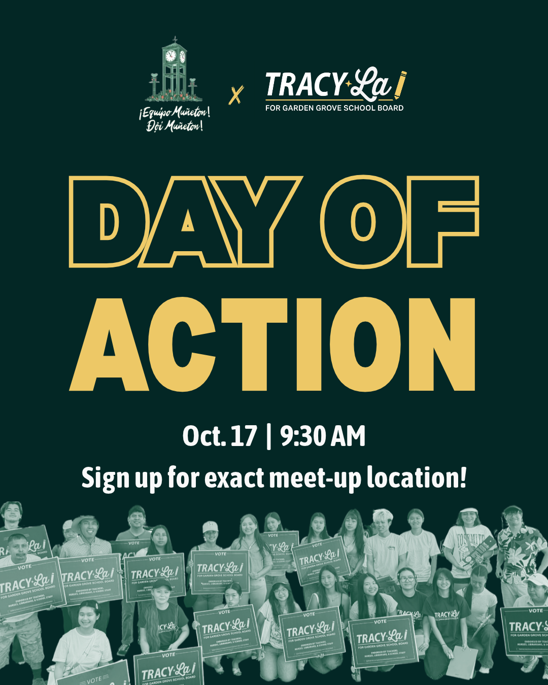 A promotional poster for a Day of Action event supporting Tracy La for Garden Grove School Board, featuring a group of young people holding signs for Tracy La, with details about the event date and time.