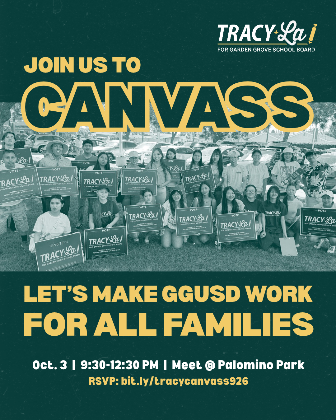 A flyer promoting a community event with a group photo of people holding signs supporting Tracy La for Garden Grove School Board, and details about the event including date, time, location, and RSVP link.