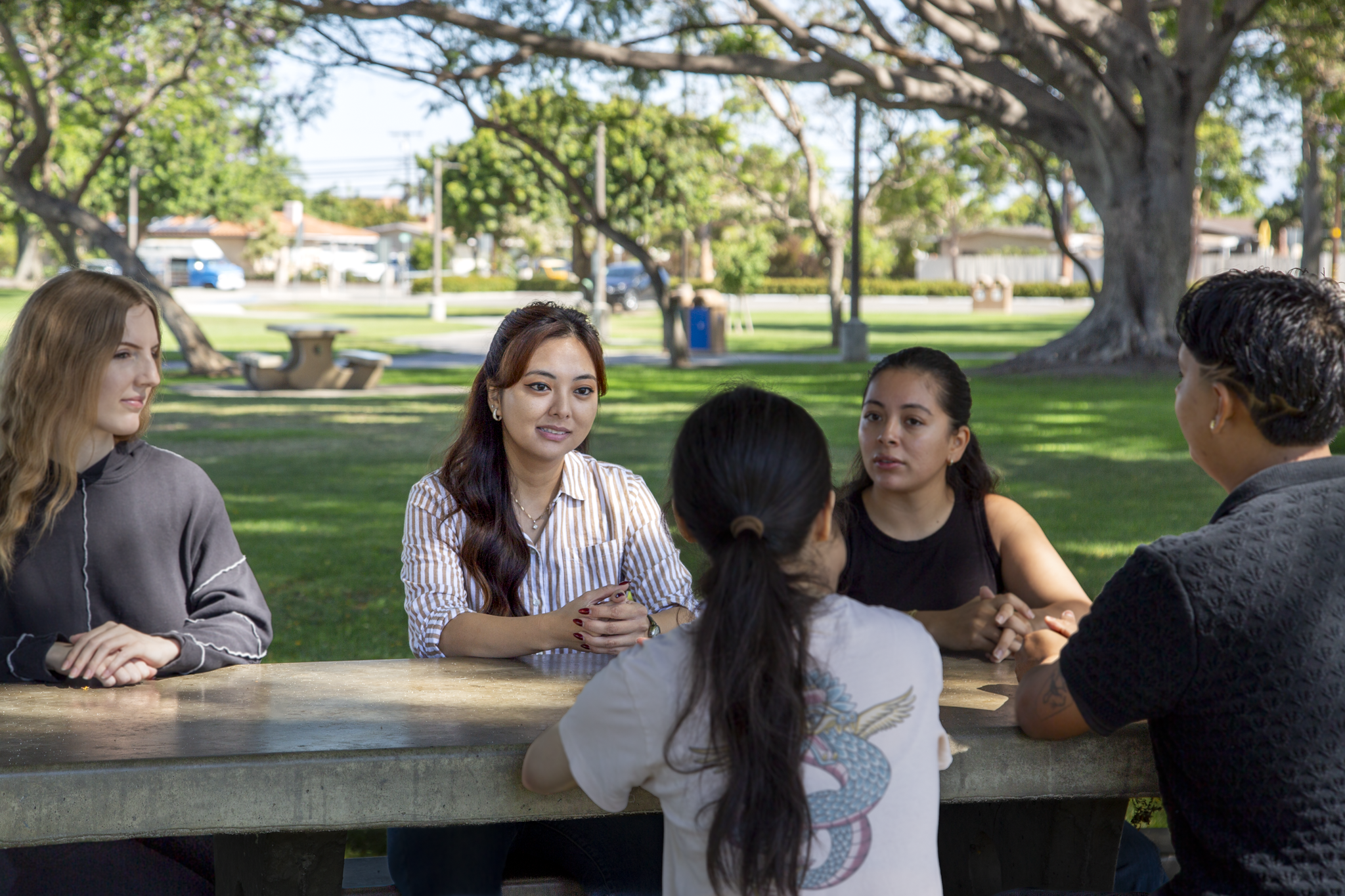 Tracy La sits down with community members at a park to listen to their concerns.