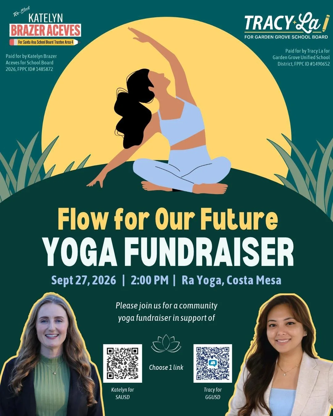 Illustration of a woman practicing yoga outdoors with a large yellow sun in the background, surrounded by green grass, promoting a yoga fundraiser event.
