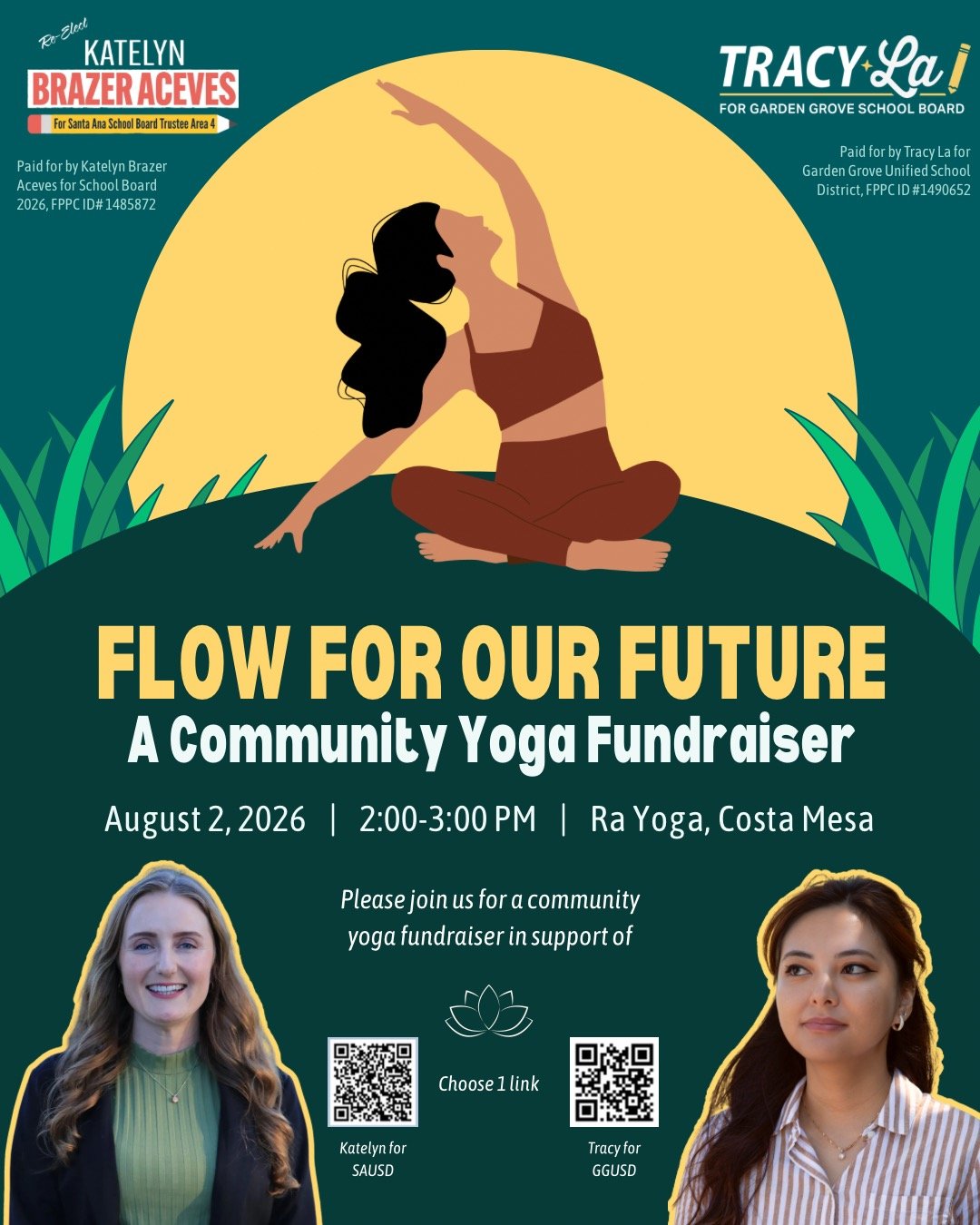 An illustrated poster for a community yoga fundraiser titled "Flow For Our Future" features a person practicing yoga in front of a large yellow moon, with green grass at the bottom. The poster includes photos of two women, Katelyn and Tracy, along with QR codes for registration and text details about the event scheduled for August 2, 2026, at Ra Yoga, Costa Mesa.