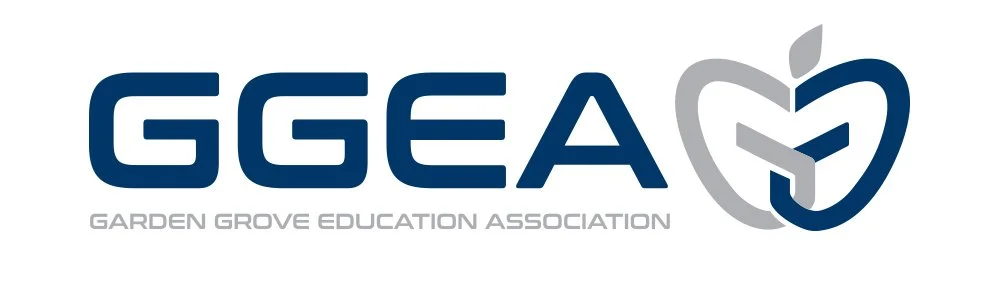 Navy and blue logo of Garden Grove Education Association with an apple icon.