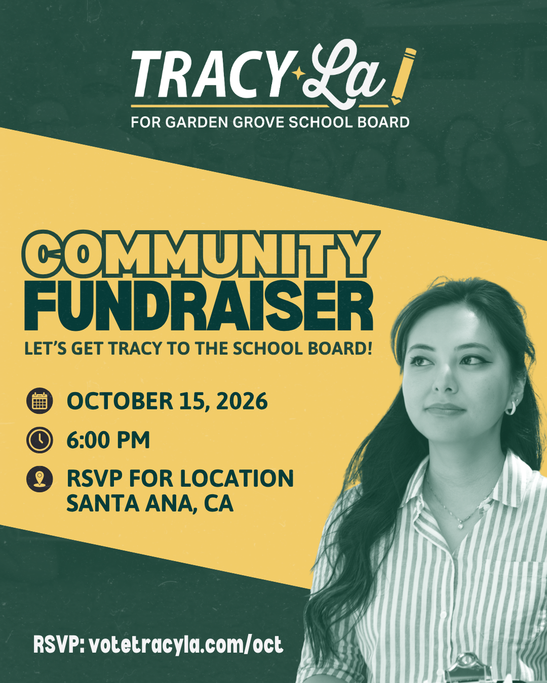 Flyer promoting a community fundraiser for Tracy La to join the Garden Grove School Board, scheduled for October 15, 2026, at 6:00 PM in Santa Ana, CA, with RSVP details.