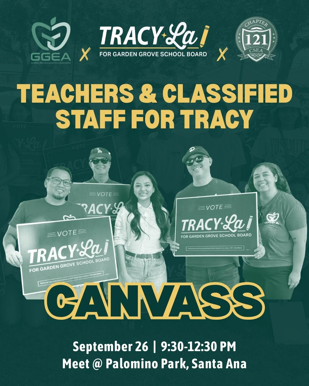 A promotional poster for an event supporting Tracy La for Garden Grove School Board. It features a group of people holding signs and campaign posters, with details about the event including date, time, and location.