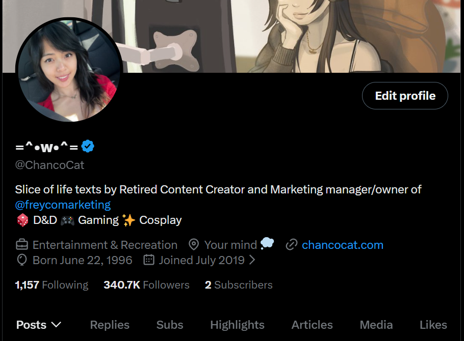 Twitter profile of a content creator with a circular profile picture of a woman with dark hair, wearing a red top, smiling. The header shows an animated or illustrated background of a girl with long hair, wearing headphones, and a dog bone close to a dog. The profile description mentions content creation, marketing, gaming, cosplay, and hobbies such as D&D, with a verified badge next to the name.