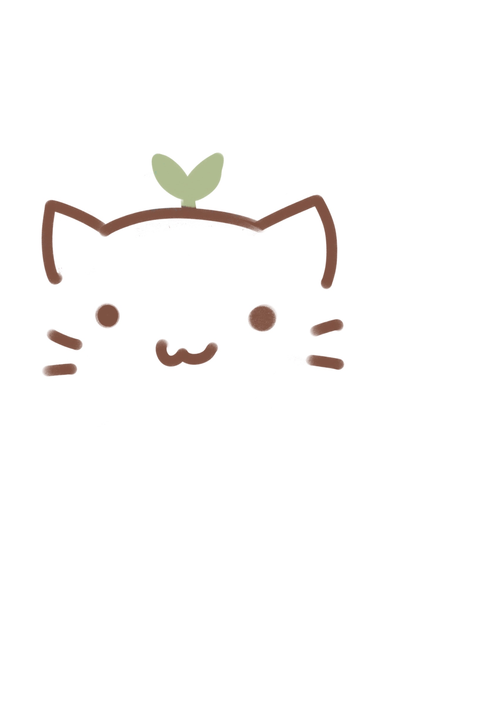 A cute hand-drawn illustration of a cat's face with closed eyes, a small nose, and whiskers. The cat has a sprout on top of its head, symbolizing a plant or growth, and appears to be smiling.