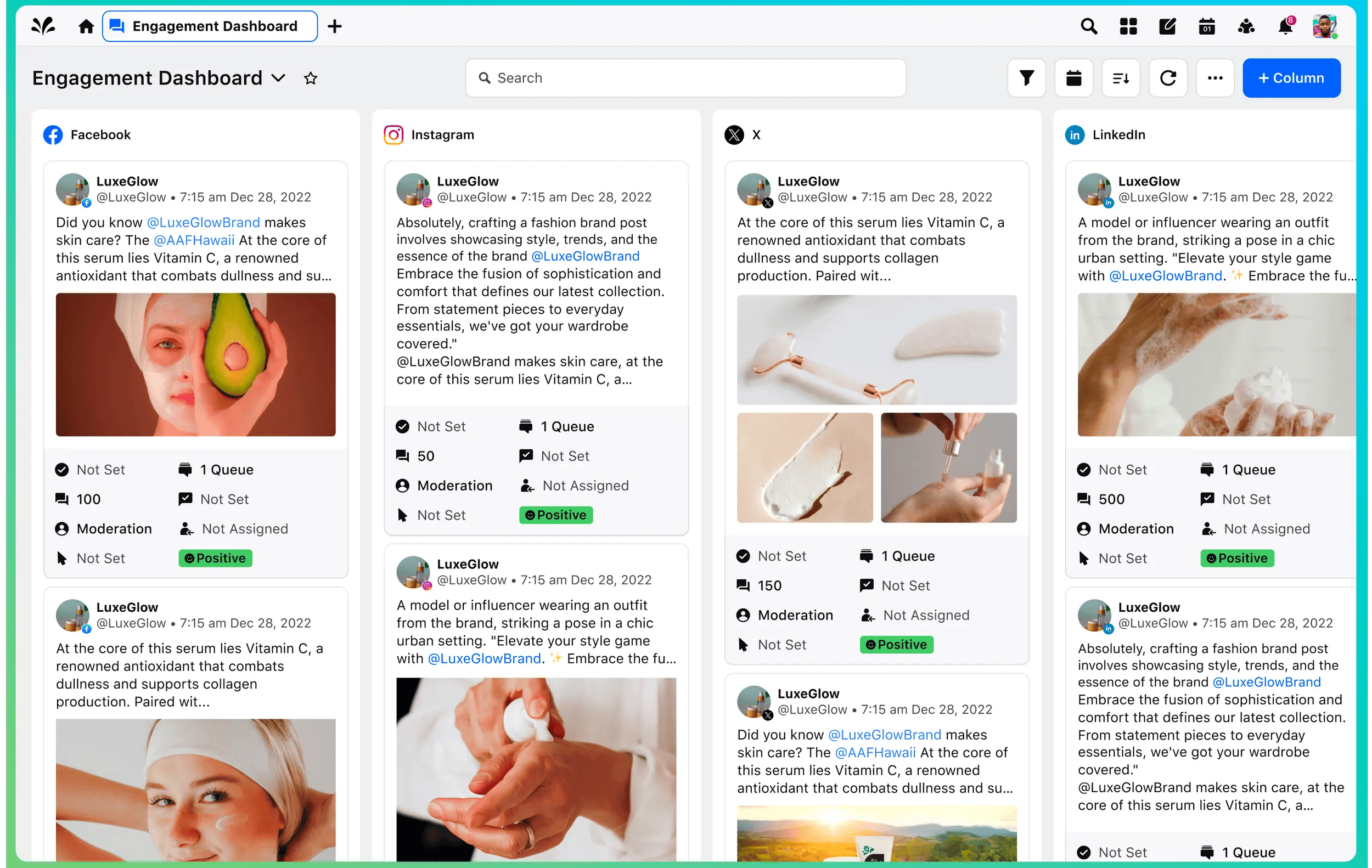 Screenshot of an engagement dashboard showing social media posts from LuxeGlow about skincare products, including images of a woman with skincare products and close-ups of product application.
