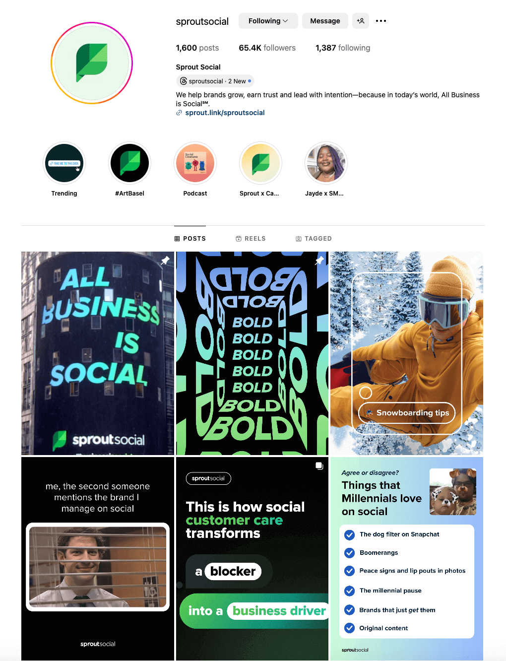 Instagram profile page for 'sproutsocial' showing profile picture, follower count, bio, links, highlight stories, and a grid of posts about social media marketing, branding, snowboarding tips, and social media trends.