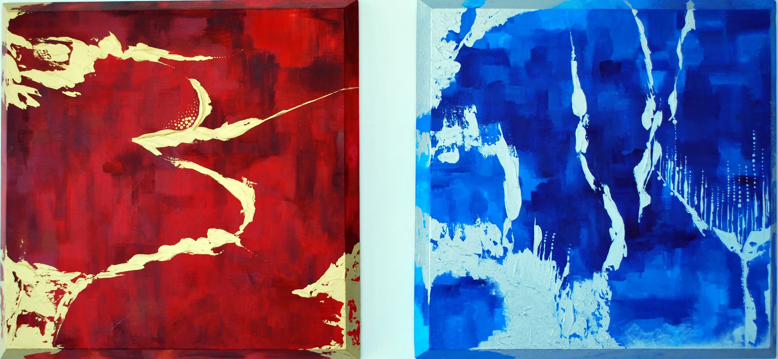 Two abstract paintings side by side, one in red and the other in blue, with bold, dynamic strokes and textured details.