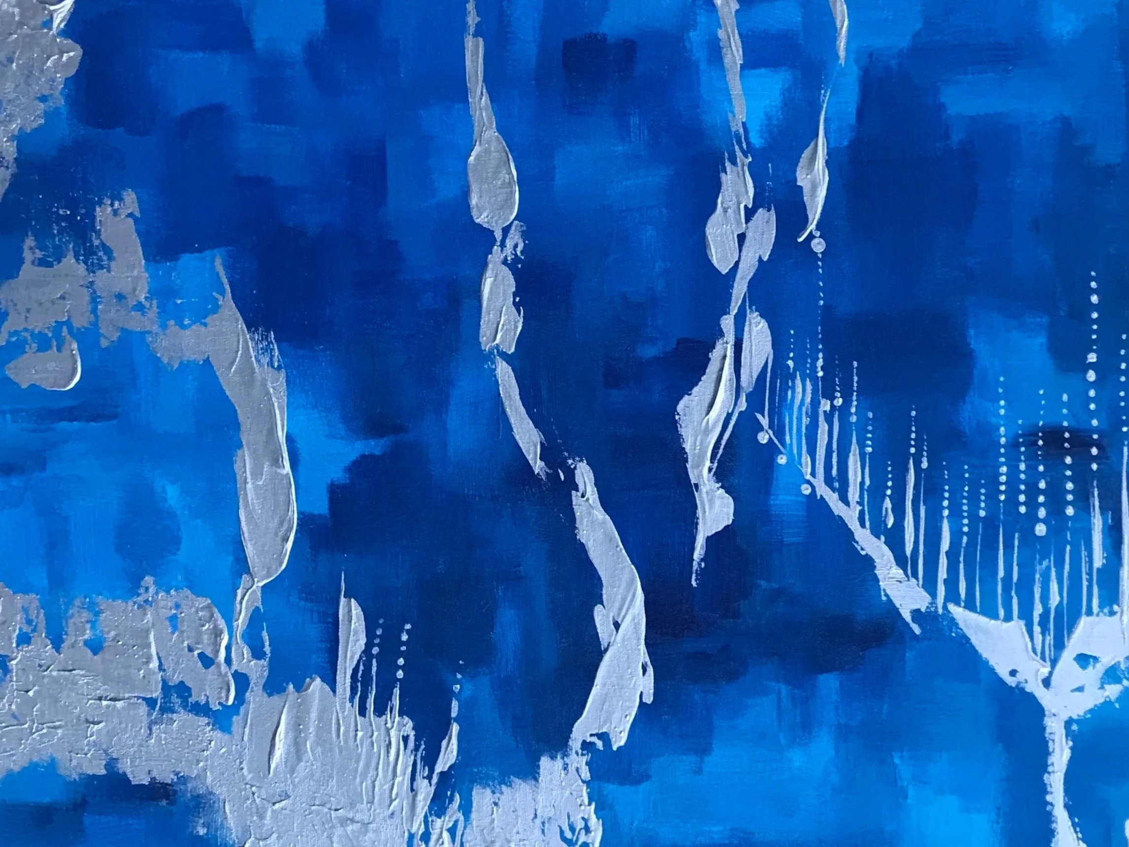 Abstract painting with a blue background and silver and white vertical streaks.