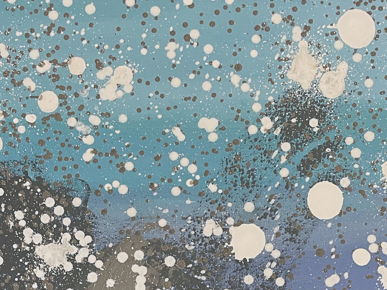 Abstract painting with blue background, white, black, and gray splatters and dots.