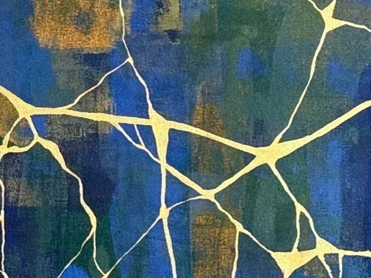 Abstract painting with blue, green, and gold tones and white cracked lines.