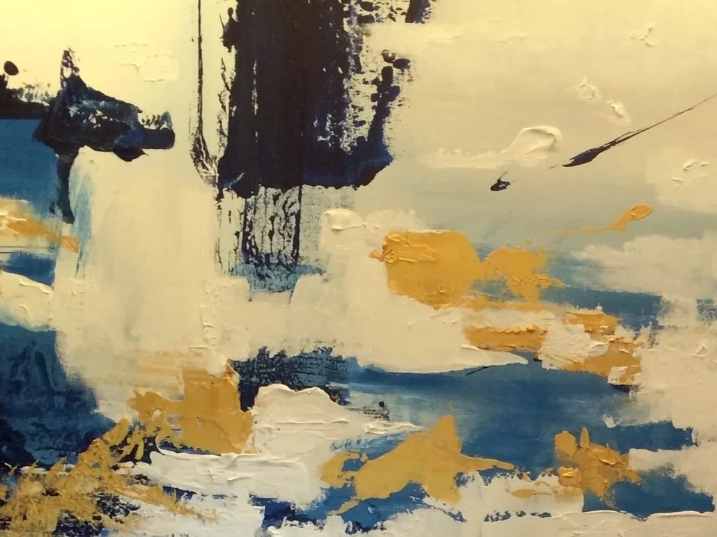 Abstract painting with blue, white, black, and gold brushstrokes.