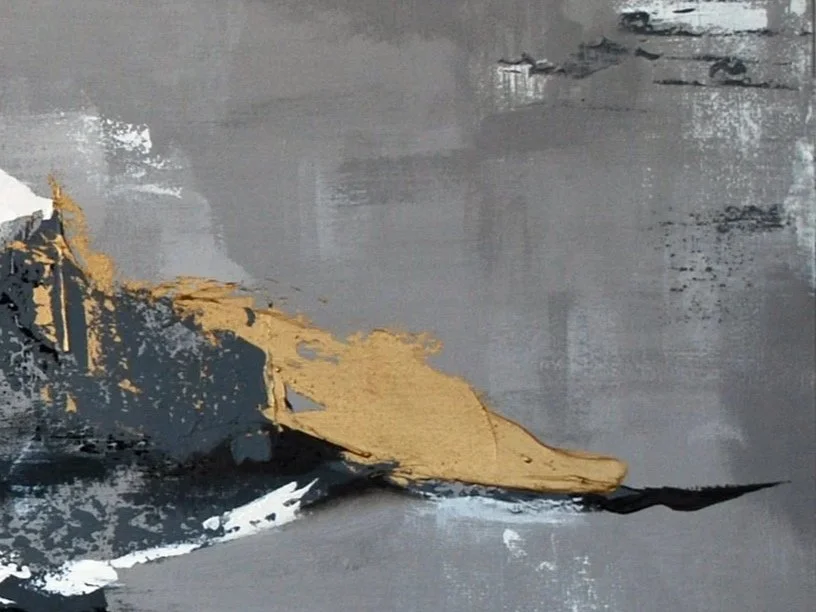 Abstract painting with gray, black, white, and gold brushstrokes.