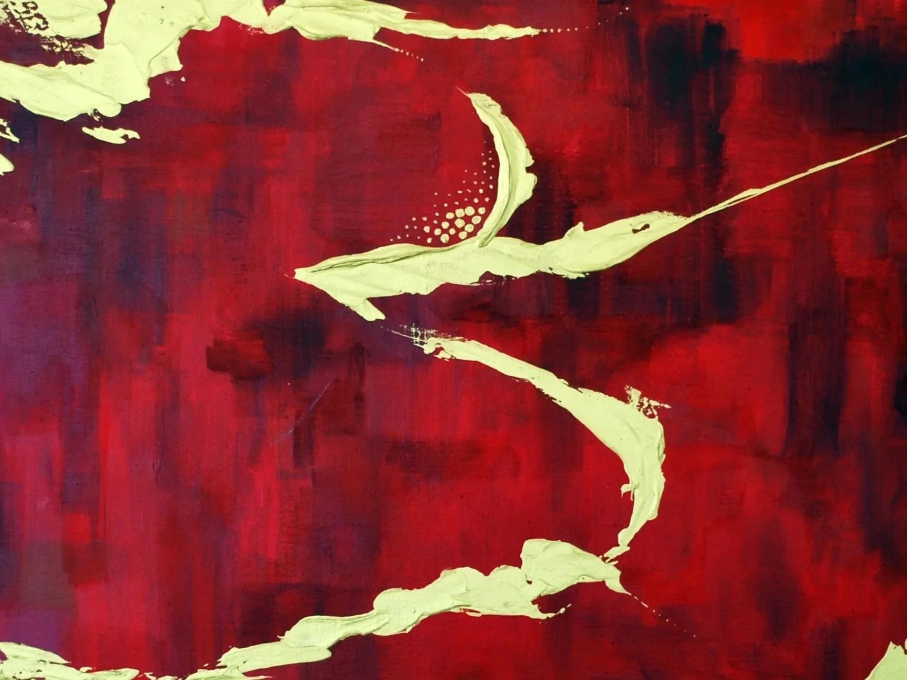 Abstract painting with a deep red background and irregular cream-colored streaks and dots across the canvas.