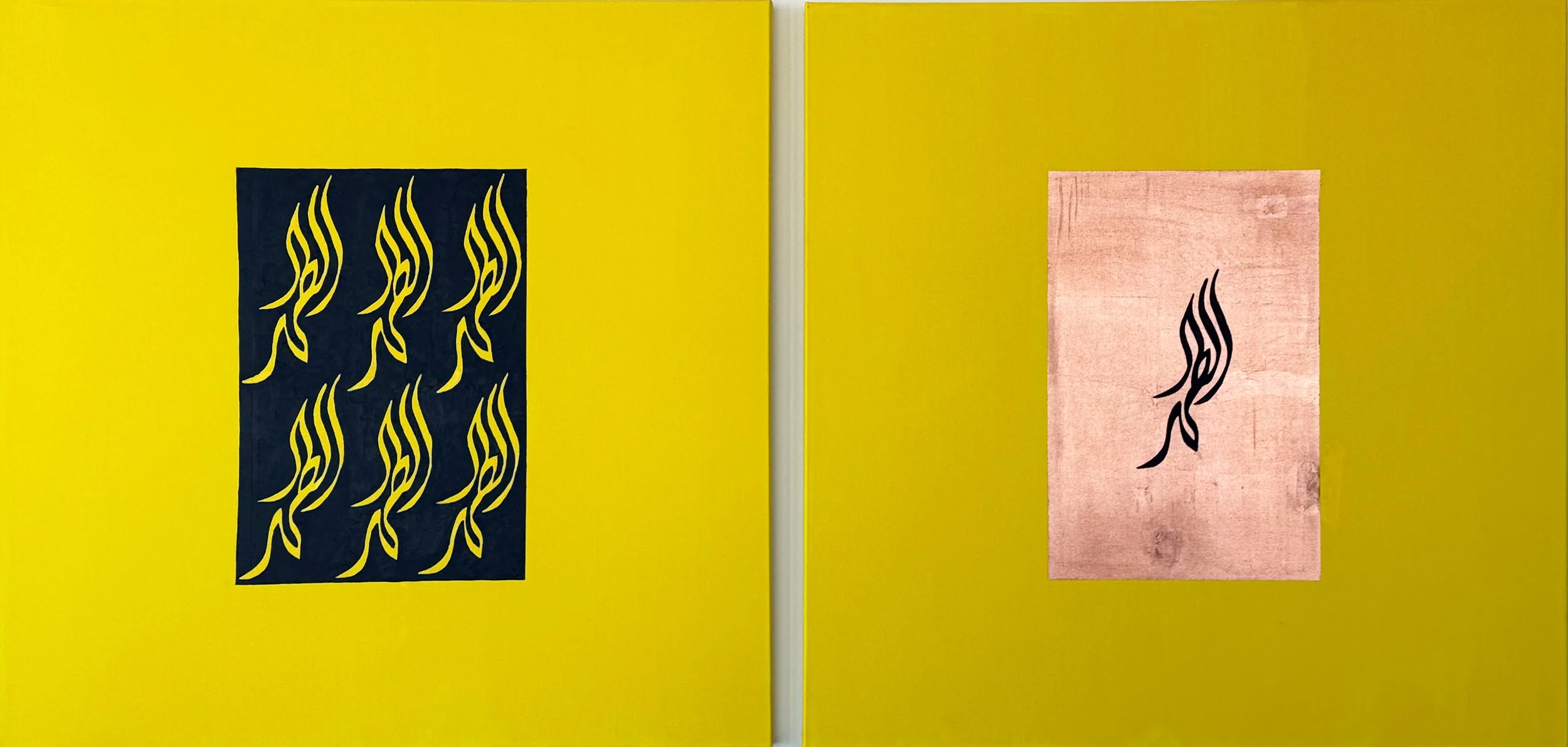 Two rectangular art pieces on yellow wall; the left piece is black with yellow abstract flame-like patterns, the right piece is pink with a black abstract flame design.