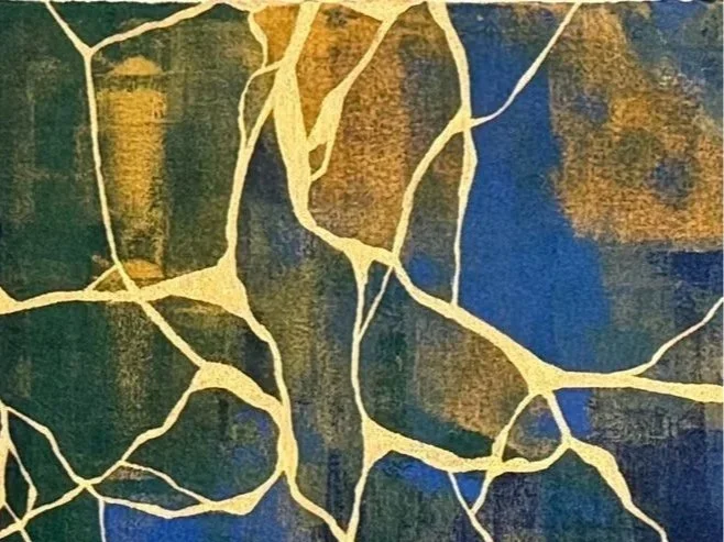Abstract artwork with irregular shapes in dark green, brown, and blue, separated by gold-colored lines.
