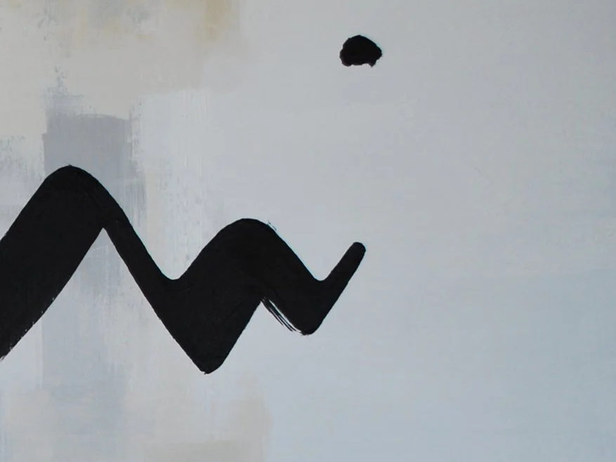 Abstract painting with a black zigzag line and a small black dot on a white background.