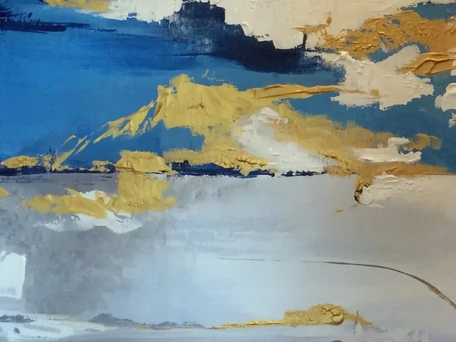 Abstract painting with blue, yellow, white, and gray brushstrokes.