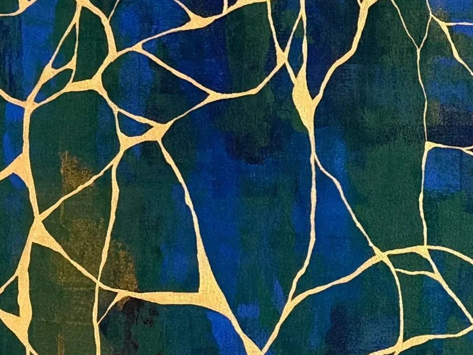 Abstract painting with dark blue and green background and irregular gold lines.