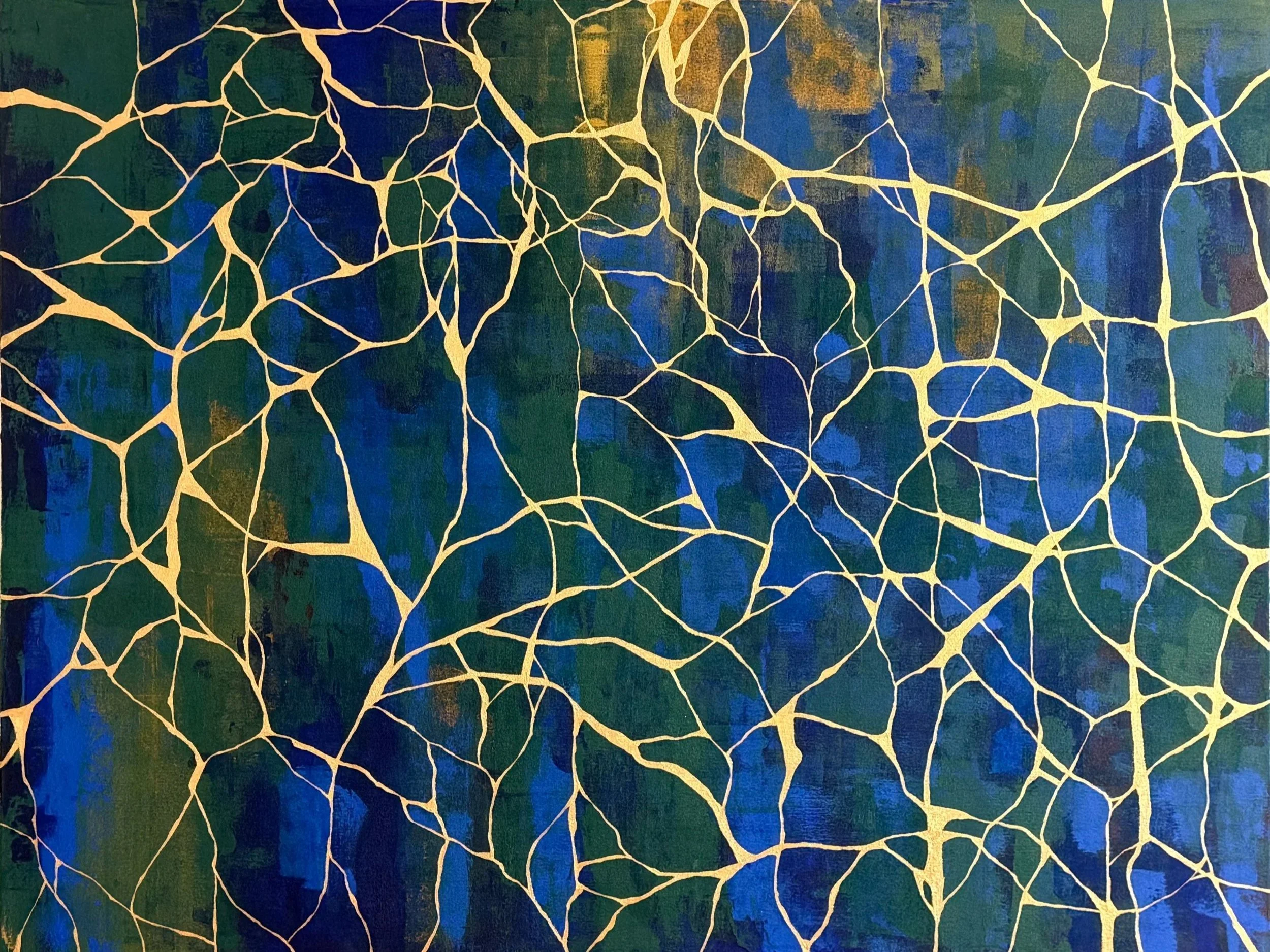 Abstract painting with yellow lines creating interconnected, web-like patterns over a background of green and blue hues.