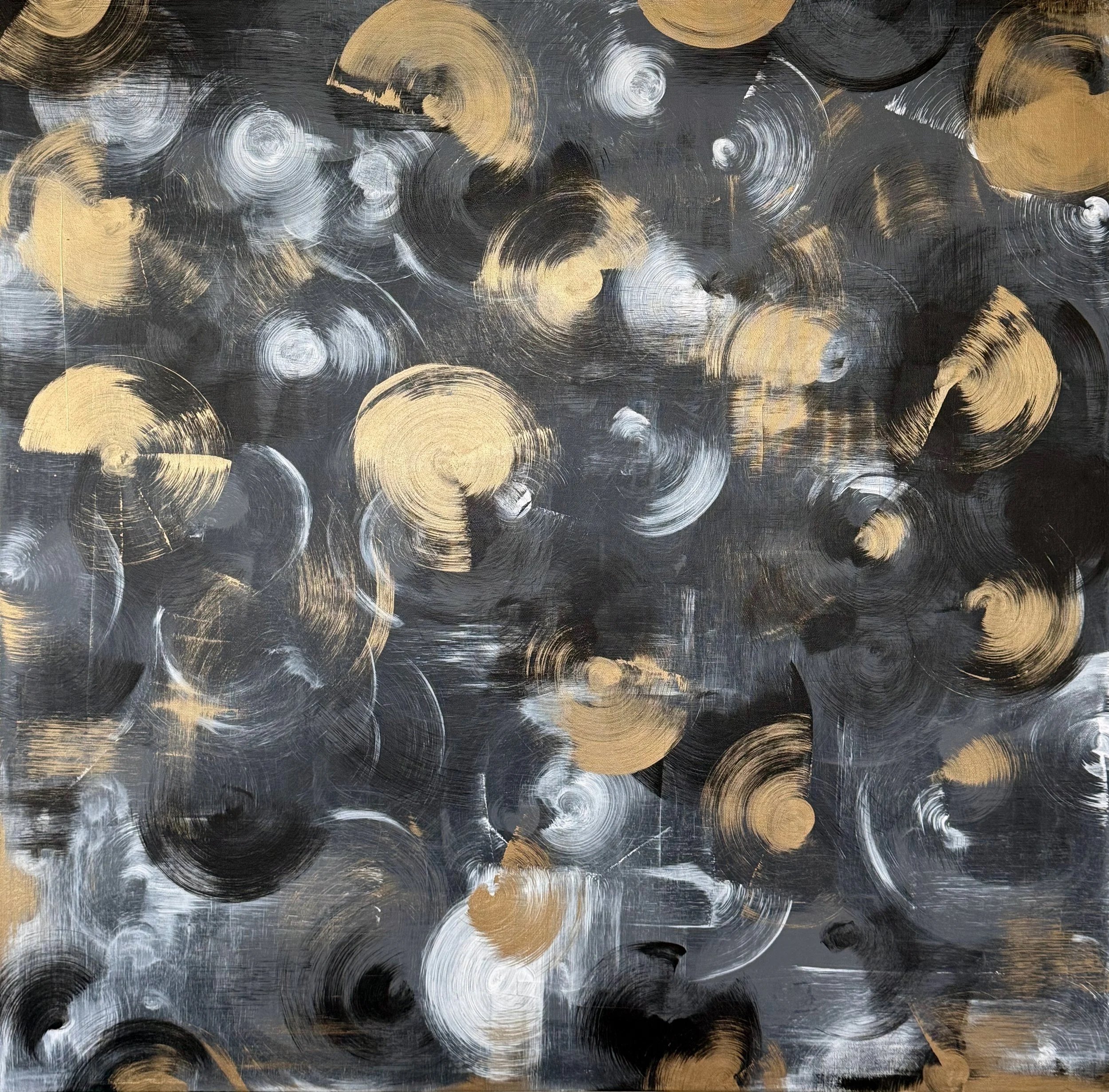 Abstract artwork featuring circular brush strokes in black, gold, and white colors on a dark background.