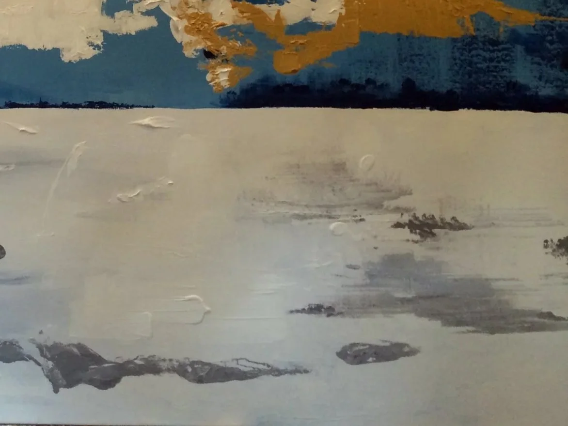 Abstract landscape painting with earth tones, dark blue, gray, white, and black horizontal bands and textured brushstrokes.