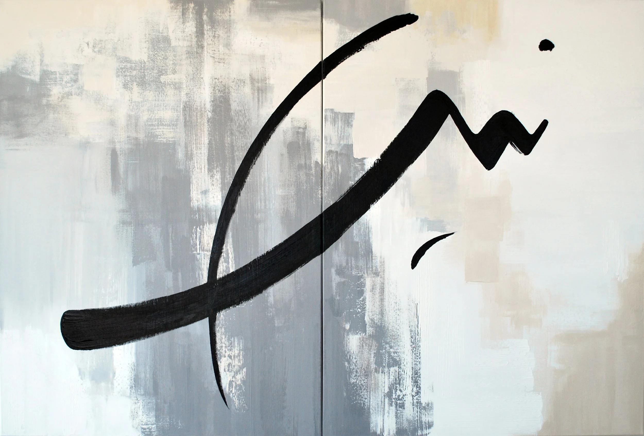 Abstract black brushstroke on a white and gray painted background.