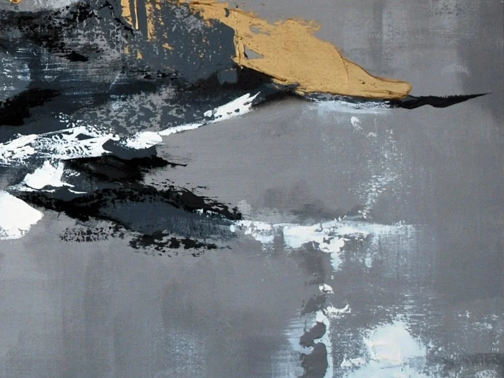Abstract painting with shades of gray, black, white, and touches of brown.